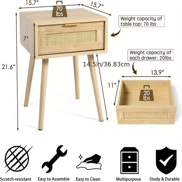 Kinder King Nightstands Set Of 2 with Rattan Drawer, Modern Night Stand for Bedrooms