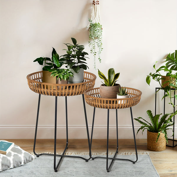 Oakrian Rattan Side Table Nesting Tables Set Of 2, Bamboo Round Table Coffee Table Metal Base End Table for Boho Living Room