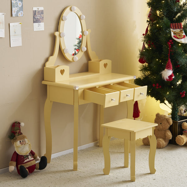 LEADZM Charming Small Makeup Vanity Desk Set in Light Yellow - Modern Dressing Table with 3 Drawers
