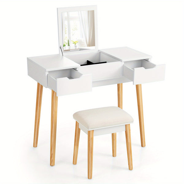 LIFEZEAL Vanity Table Set w\u002F Flip Top Mirror Drawers 9 Dividers Makeup Writing Desk White