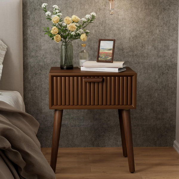 Modern End Table W Striped Pattern, Mid-Century Nightstand W Storage Drawer, Small Wood Accent End Table for Bedroom, Living Room