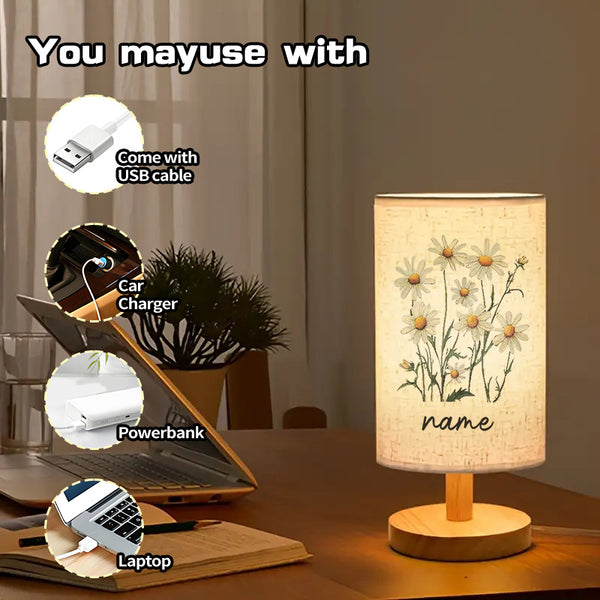 Customizable Name, Text, Three-Color Dimmable Daisy Spring Floral Print Bedside Lamp