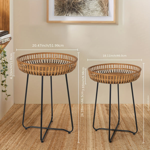 Oakrian Rattan Side Table Nesting Tables Set Of 2, Bamboo Round Table Coffee Table Metal Base End Table for Boho Living Room
