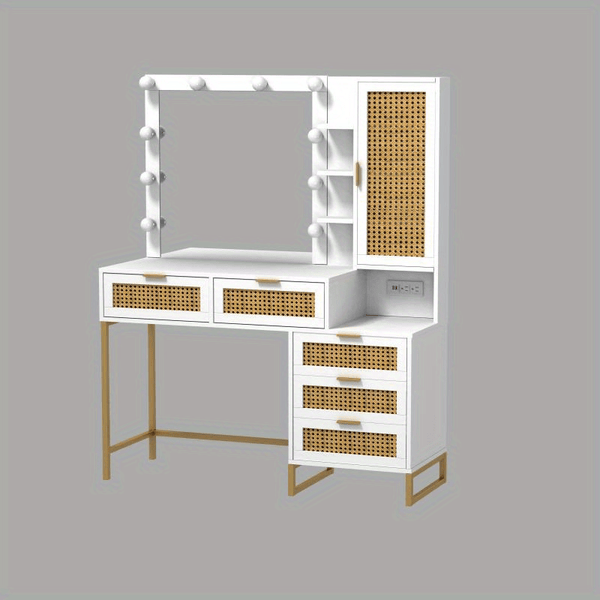 Contemporary White Dressing Table with Mirror, Light, and Multi-Function Socket - Particleboard