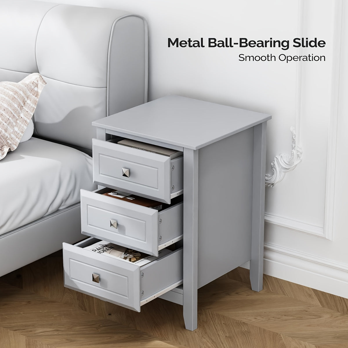 Bonnlo Modern Minimalist Nightstand - No Assembly Required Bedside Table with 3 Smooth-Gliding Drawers & Metal Knobs