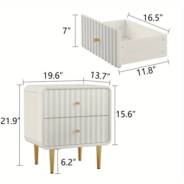 Modern Nightstand, Fluted Bed Side Table with 2 Drawers Storage, Wood End Table with Golden Metal Handle, Night Stands for Bedroom