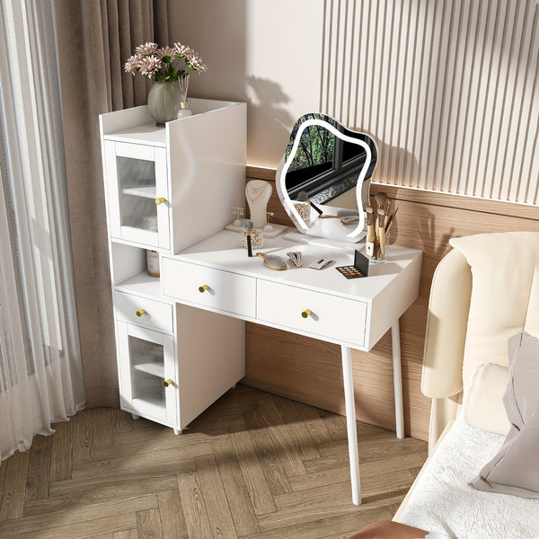 Montary Bedroom Dressing Table, Mirror With LED Light, 3 Storage Drawers, 2 Open Storage Shelves And 4 Cabinets With Transparent Doors
