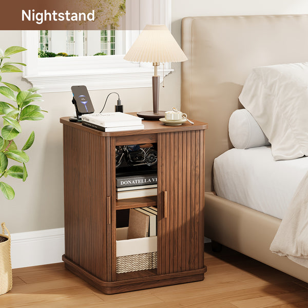Square End Table with Storage And Charging Station, Side Table with Sliding Door And Sturdy Pedestal