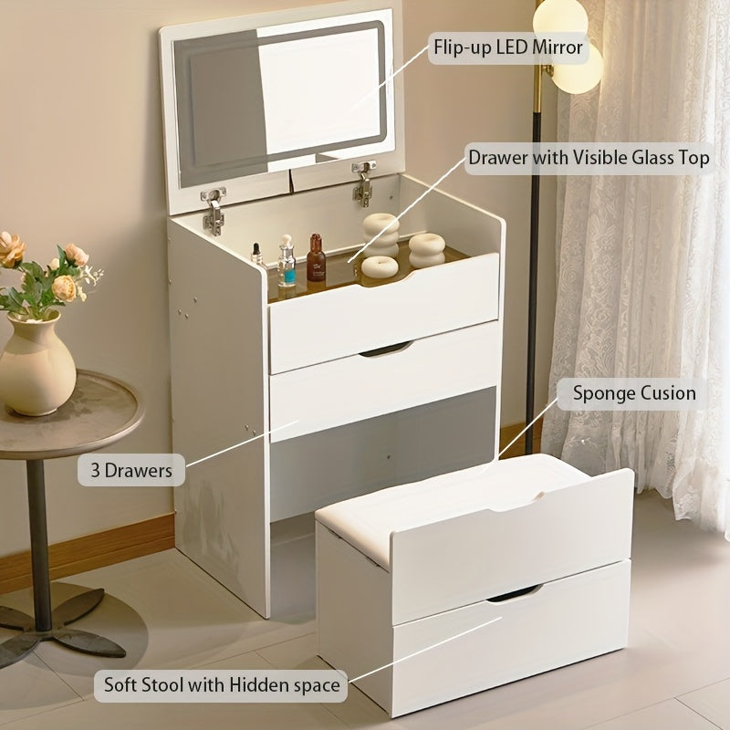 3-in-1 Vanity Desk with Mirror And Lights, Small Vanity Desk Set with Visible Glass Tabletop, 3 Drawers, Storage Bench