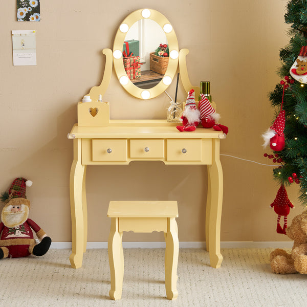LEADZM Charming Small Makeup Vanity Desk Set in Light Yellow - Modern Dressing Table with 3 Drawers