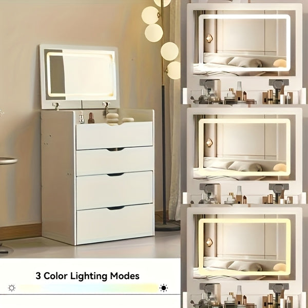 3-in-1 Vanity Desk with Mirror And Lights, Small Vanity Desk Set with Visible Glass Tabletop, 3 Drawers, Storage Bench