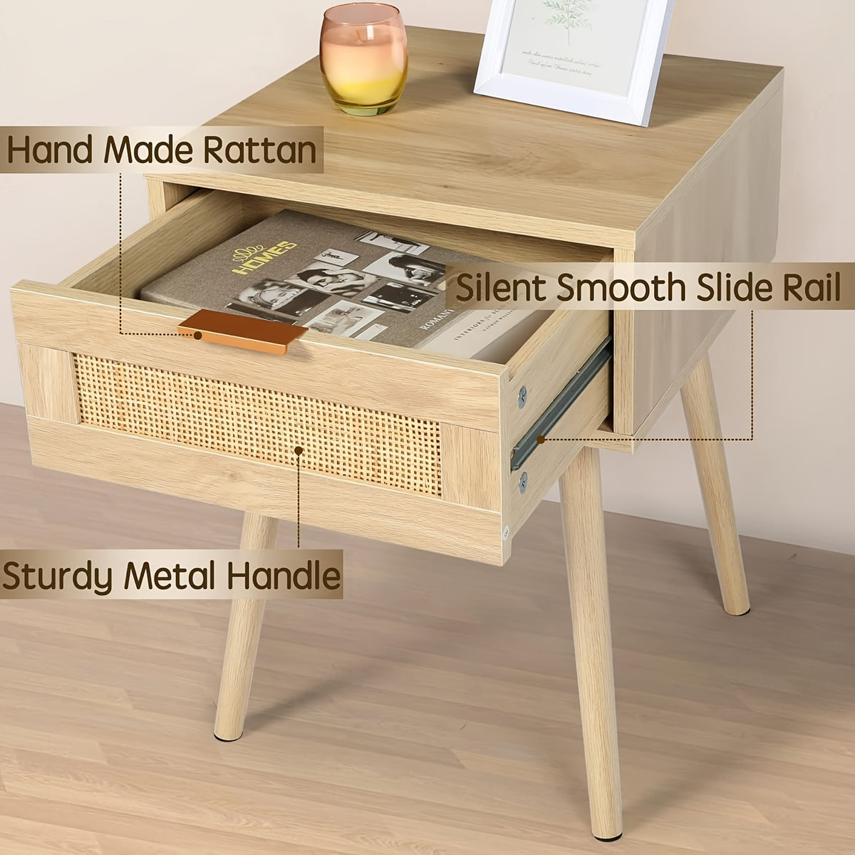 Kinder King Nightstands Set Of 2 with Rattan Drawer, Modern Night Stand for Bedrooms