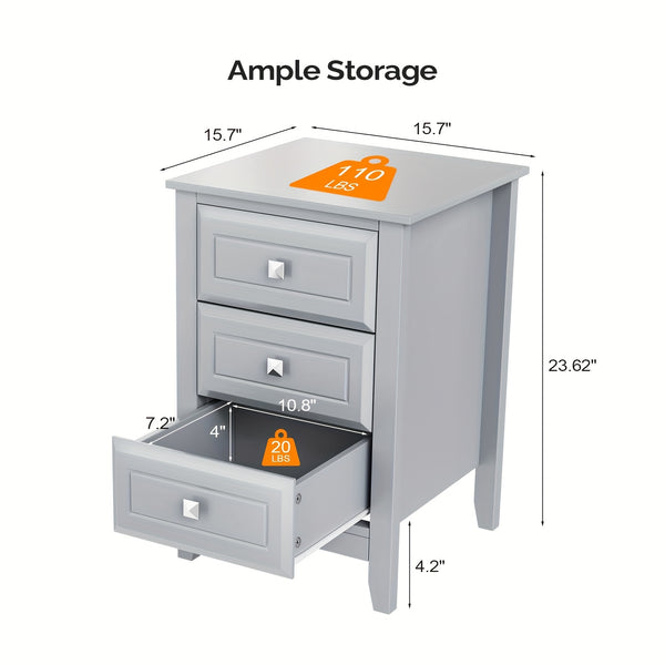 Bonnlo Modern Minimalist Nightstand - No Assembly Required Bedside Table with 3 Smooth-Gliding Drawers & Metal Knobs