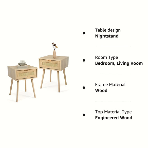Kinder King Nightstands Set Of 2 with Rattan Drawer, Modern Night Stand for Bedrooms