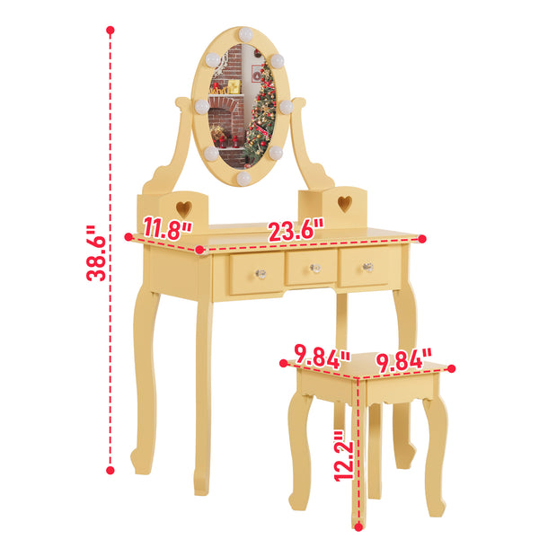 LEADZM Charming Small Makeup Vanity Desk Set in Light Yellow - Modern Dressing Table with 3 Drawers