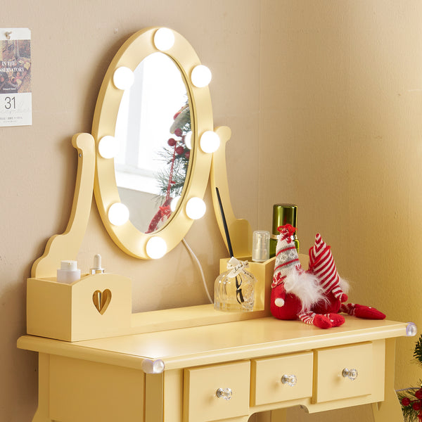 LEADZM Charming Small Makeup Vanity Desk Set in Light Yellow - Modern Dressing Table with 3 Drawers