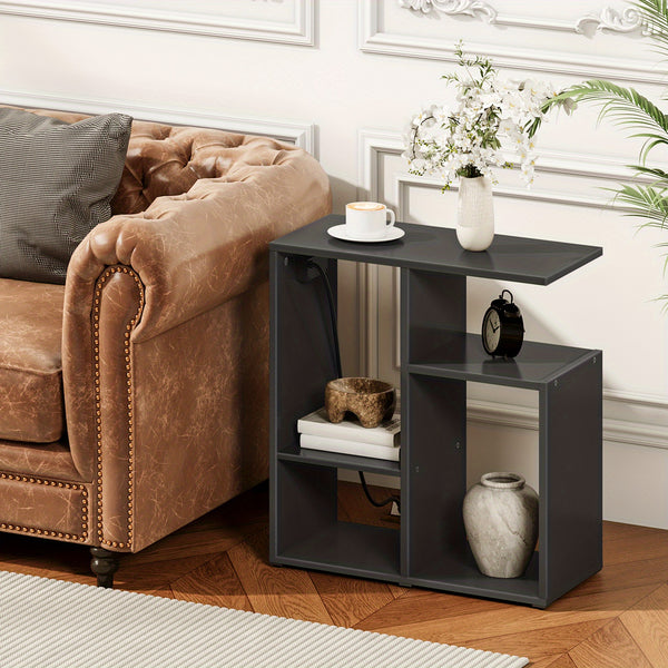 Special Shaped Side Table with Charging Station, with USB Ports and Outlets, Bedside Tables with Storage Shelf for Living Room