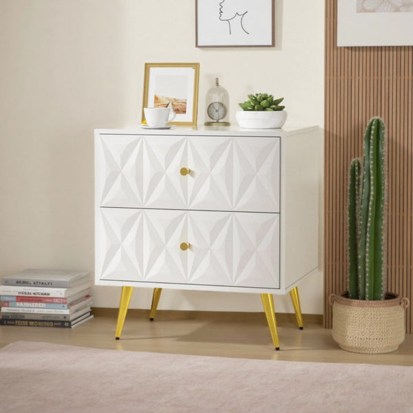 Nightstand, Nightstands with 2 Diamond Pattern Drawers, Modern End Table Side Table with Golden Handle & Legs