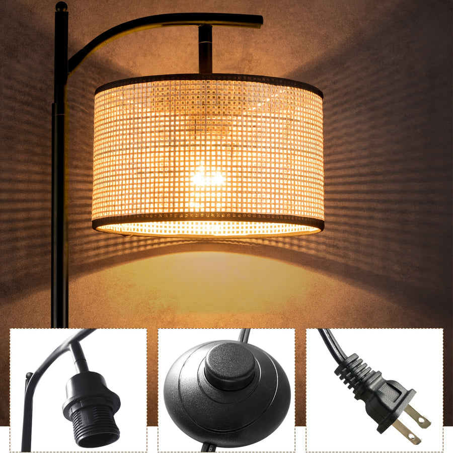 1PC Vintage Floor Lamp with Rattan Lampshade Footswitch Pole Standing Light for Bedroom Living Room Office Study Reading 110V