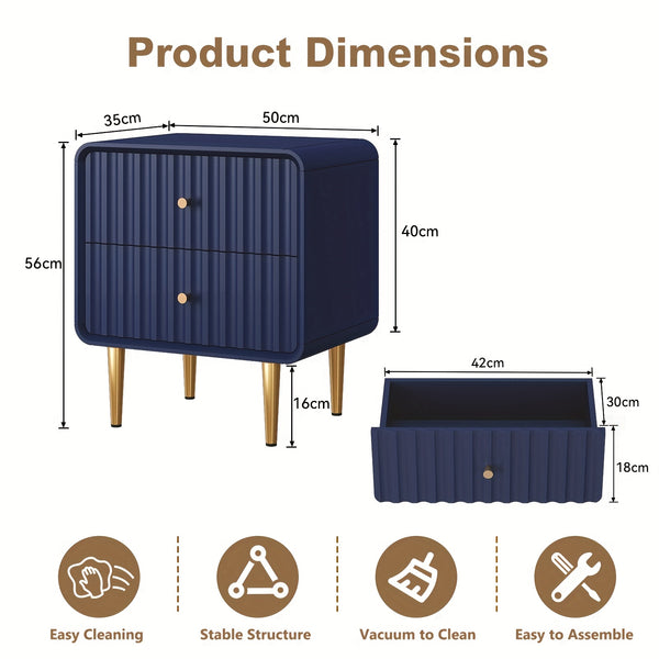 Blue Modern Nightstand, Fluted Bed Side Table With 2 Drawers Storage, Wood End Table With Golden Metal Handle, Night Stands For Bedroom