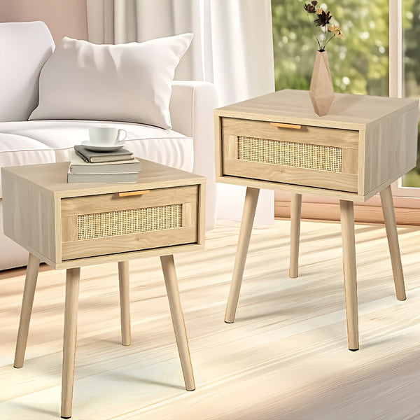Kinder King Nightstands Set Of 2 with Rattan Drawer, Modern Night Stand for Bedrooms