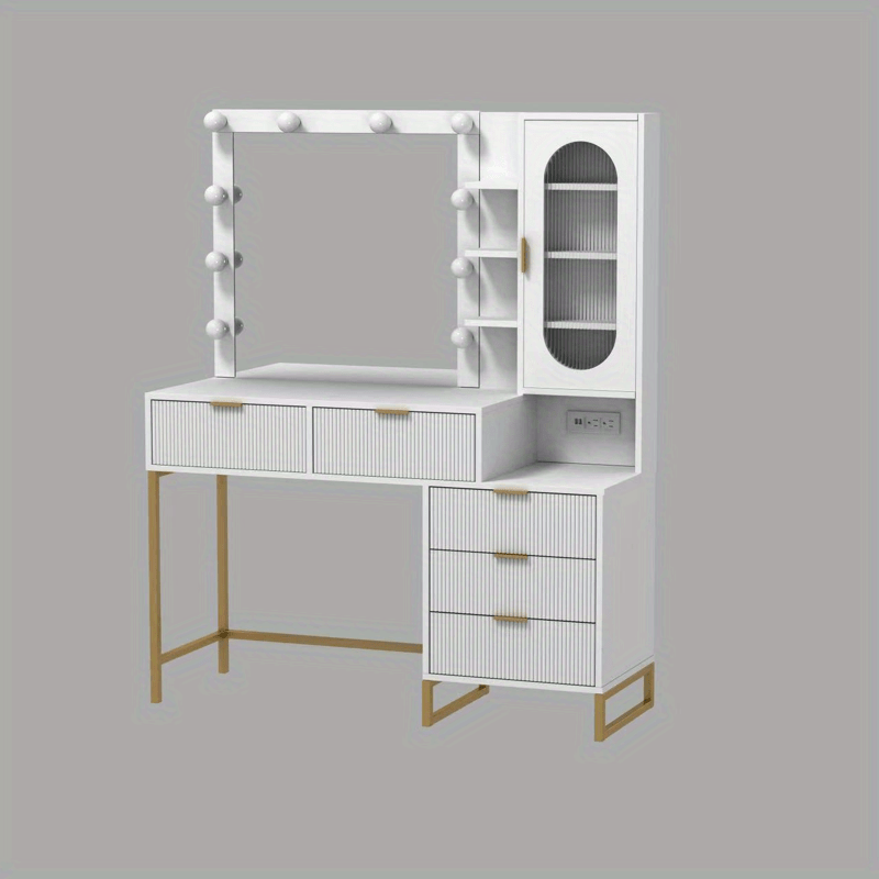 Contemporary White Dressing Table with Mirror, Light, and Multi-Function Socket - Particleboard