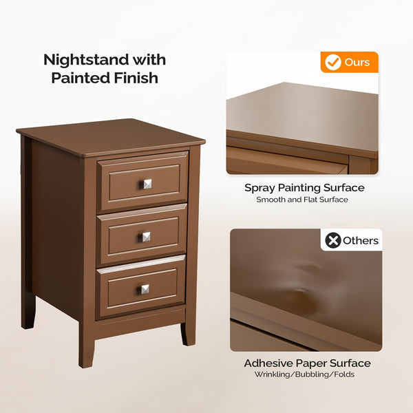 Bonnlo Modern Minimalist Nightstand - No Assembly Required Bedside Table with 3 Smooth-Gliding Drawers & Metal Knobs