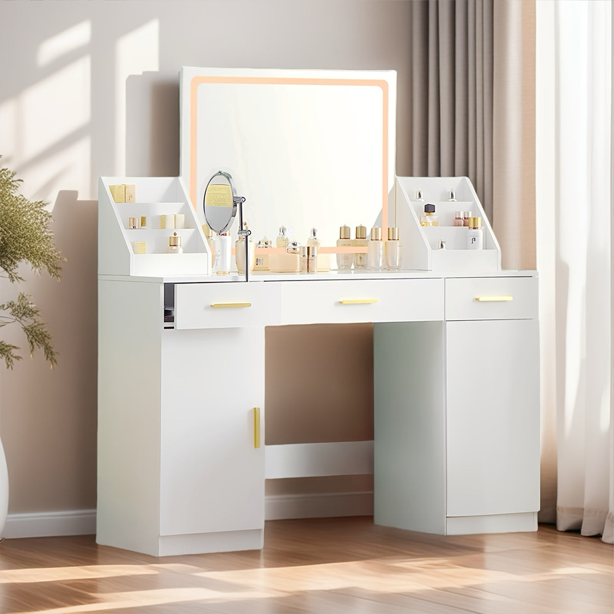 47.2''Large Vanity With Folding Up Makeup Mirror, Makeup Vanity With 2 Makeup Organizers