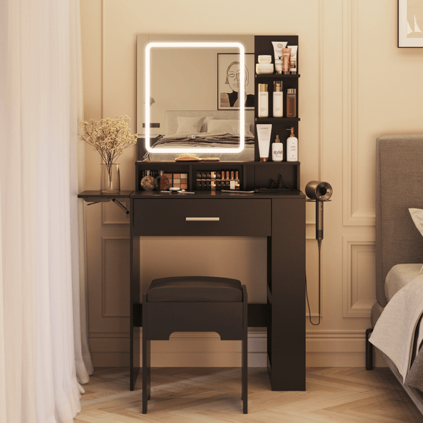 Elegant Hardwood Dressing Table with Mirror, Lighting, and Charging Station for Bedroom Organization