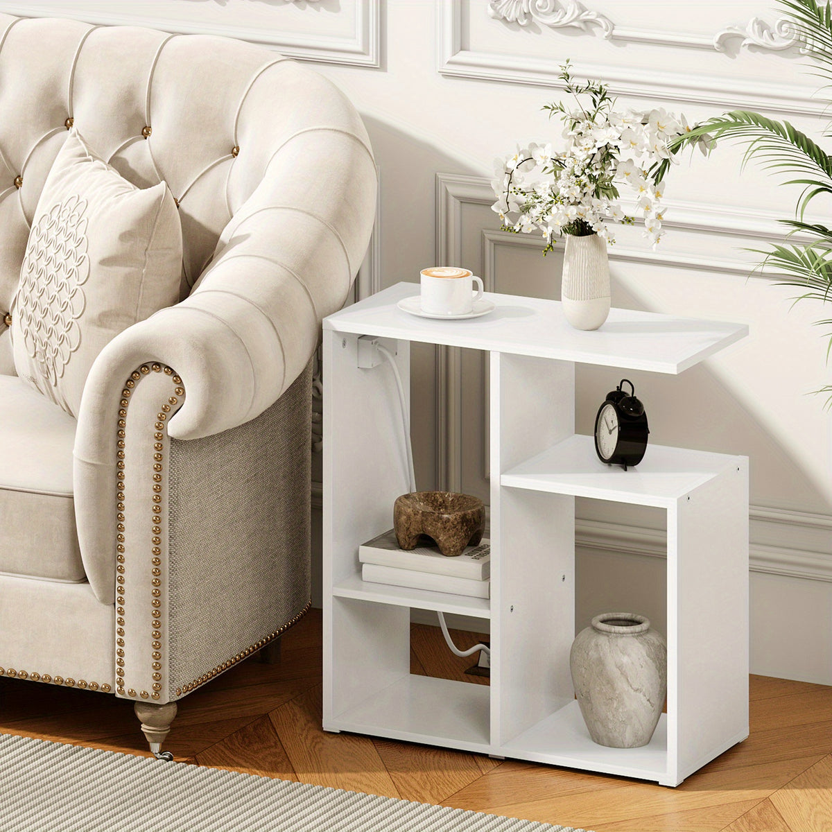 Special Shaped Side Table with Charging Station, with USB Ports and Outlets, Bedside Tables with Storage Shelf for Living Room