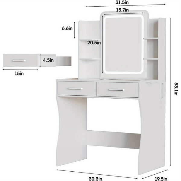 Vanity Desk with Mirror and Lights, Small Vanity Table for Bedroom with Lots Storage, Cute Vanity Makeup Table, 3 Lighting Modes