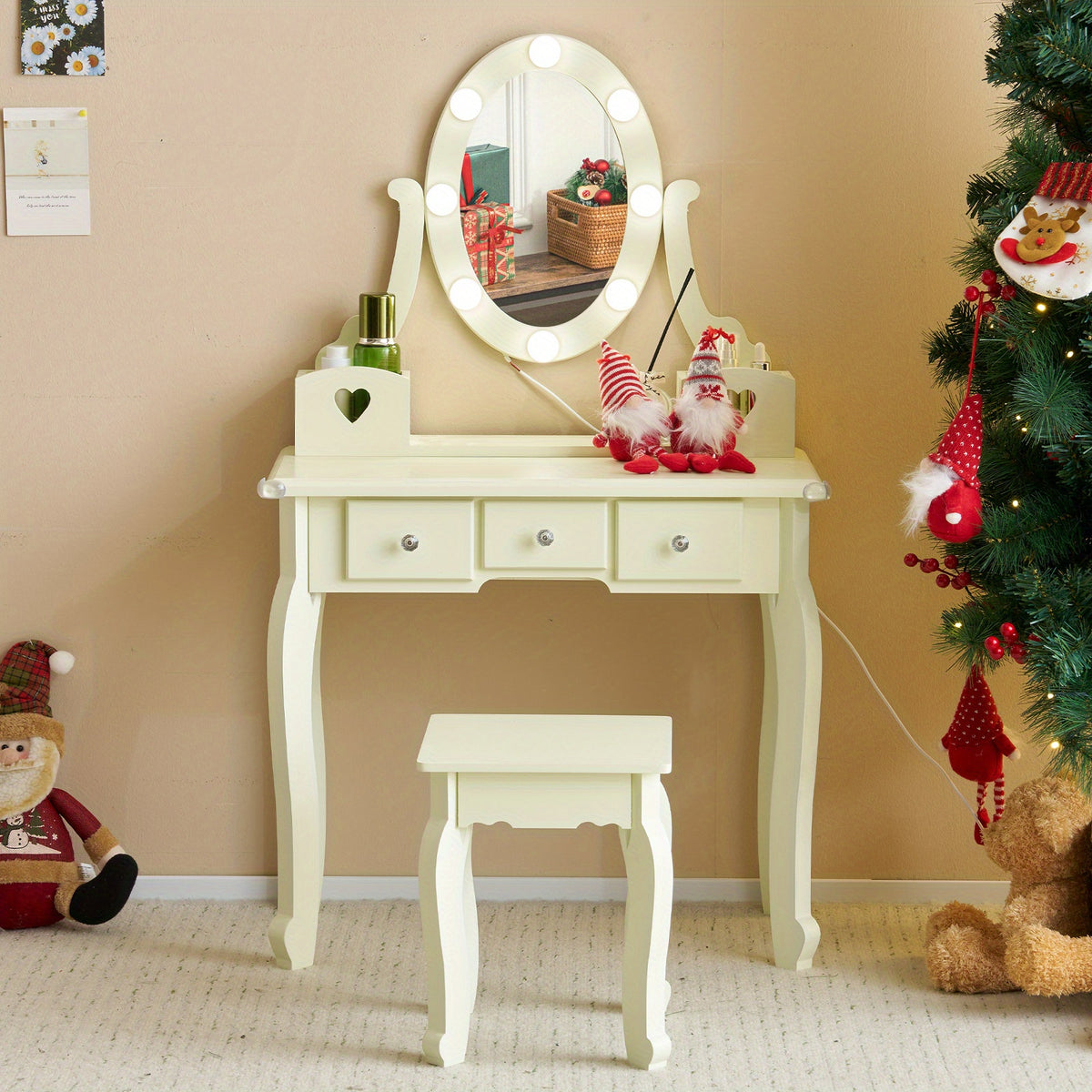 LEADZM Charming Small Makeup Vanity Desk Set in Light Yellow - Modern Dressing Table with 3 Drawers