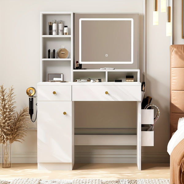 Oneinmil Vanity Table with LED Lights & Mirror - White Makeup Desk with Storage Drawers, Side Bag
