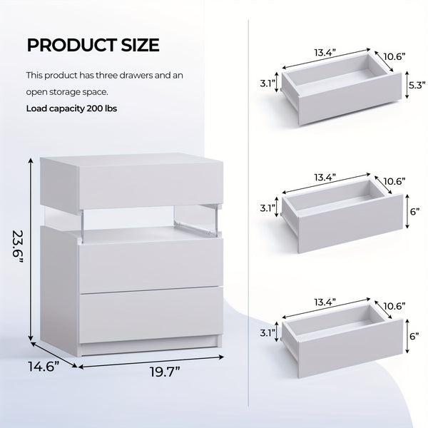 Modern LED Bedside Table with 2 Drawers - White Wooden Nightstand, 3.2+ Cubic Feet Storage, 27\