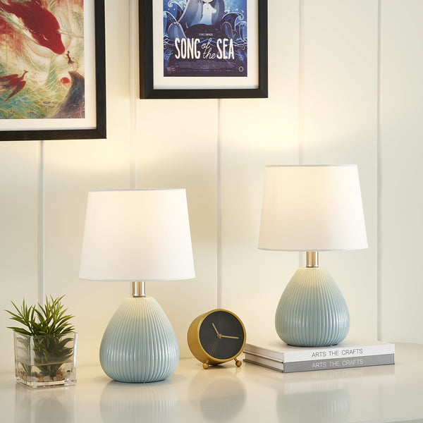Set of 2 Contemporary Ceramic Table Lamps in Blue, Featuring Vertical Stripes, Each Measuring 15.5 Inches