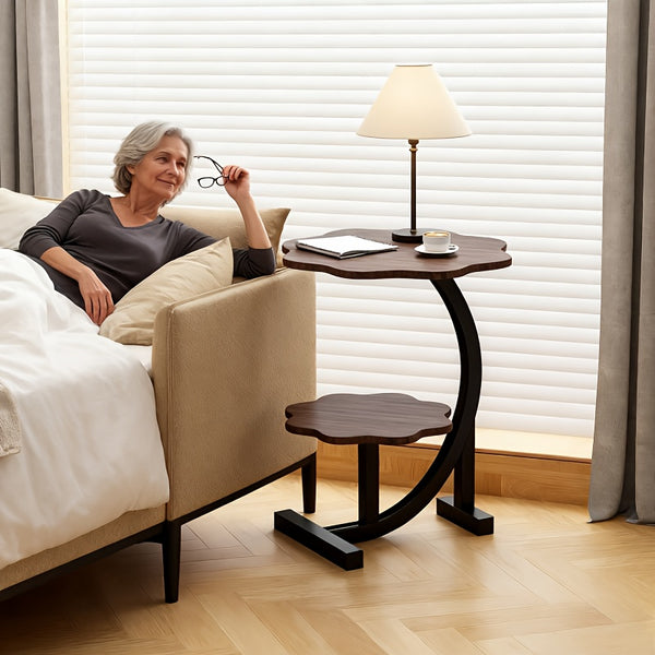 2-Tier Elegant Nordic Style Bedside Table - Modern White and Black Round Top, Metal Frame with Hardwood Top