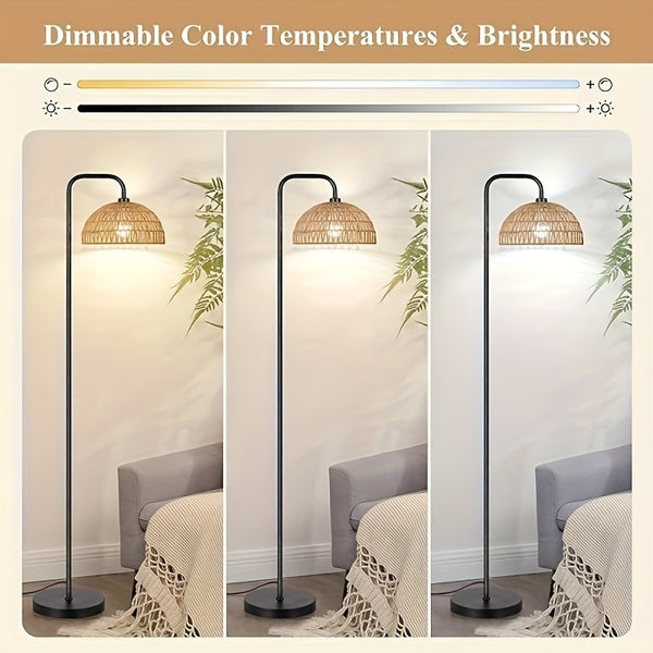 Rattan Floor Lamp, 68'Standing Lamp for Living Room with 3 Color Temperatures Adjustable Tall Reading Lamp for Bedroom Office