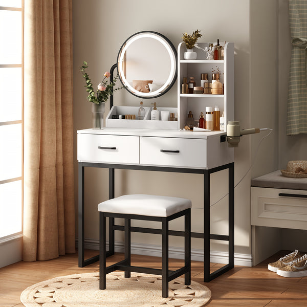 Vanity Desk with Mirror And Lights, Makeup Vanity Table Set with Storage Stool & Charging Station