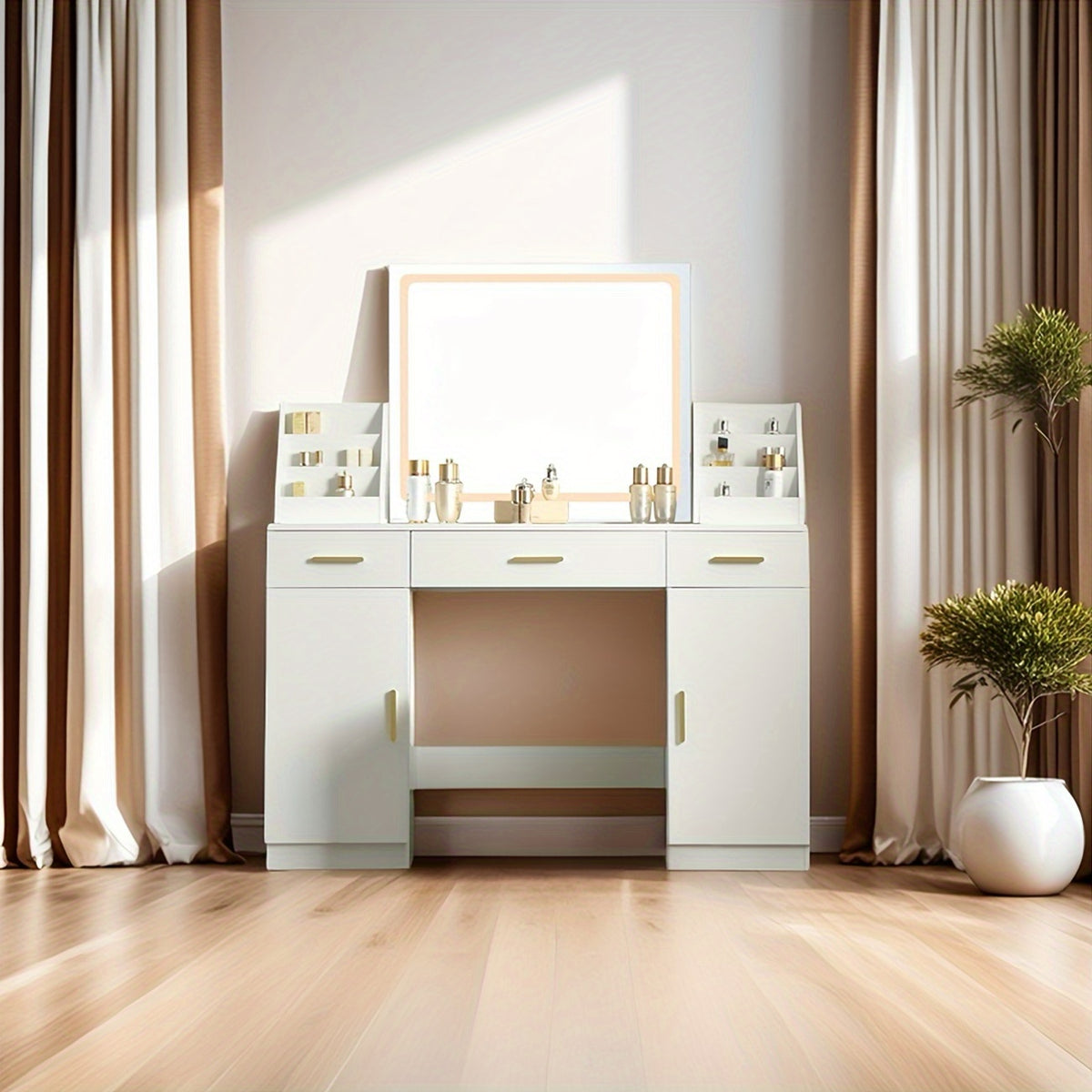 47.2''Large Vanity With Folding Up Makeup Mirror, Makeup Vanity With 2 Makeup Organizers