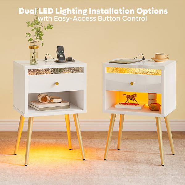 Pinmoco Set of 2 Nightstands with USB Charging Ports, Modern High Gloss Night Stand with LED Lights